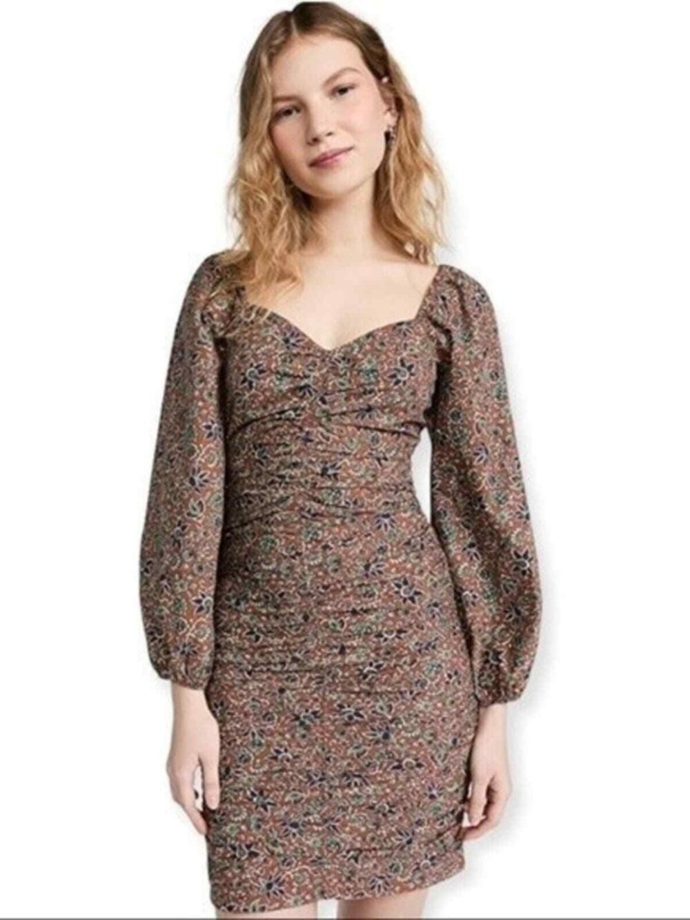 NWT VERONICA BEARD 100% Cotton Mini Dress Ruched Long Balloon Sleeve, 6, Brown